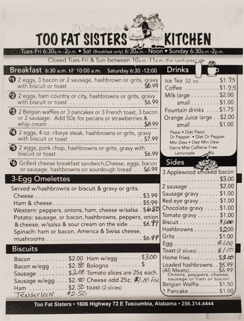 Too Fat Sisters Menu 1